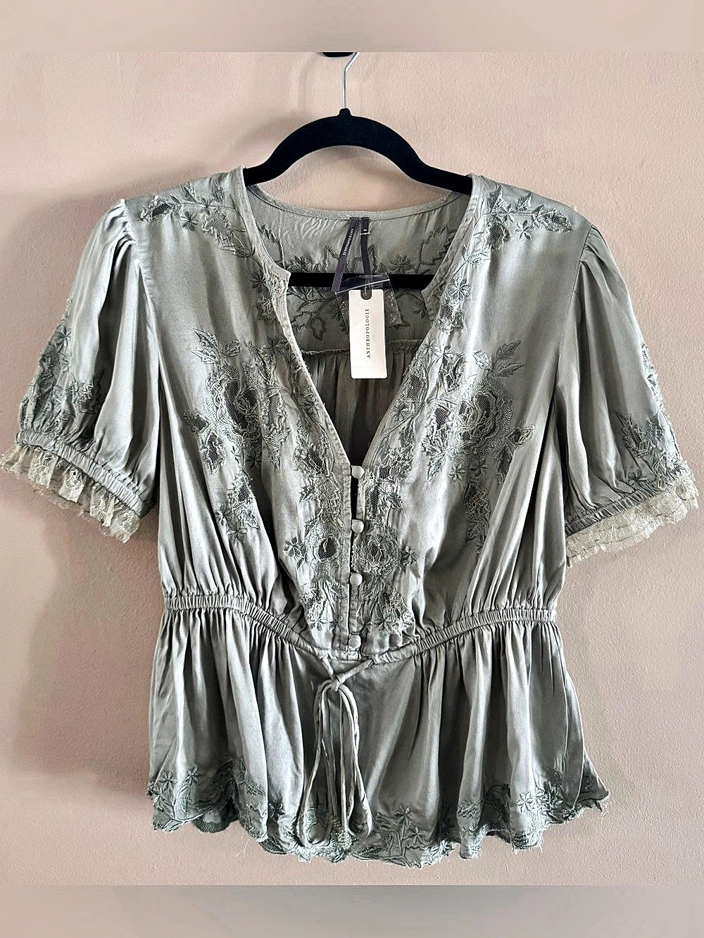 Anthropologie Silky Sage Green Embroidered Peplum Blouse